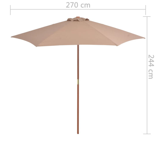 Outdoor parasol with wooden pole in taupe, 270 cm diameter, providing UV protection and ideal for outdoor furniture settings.