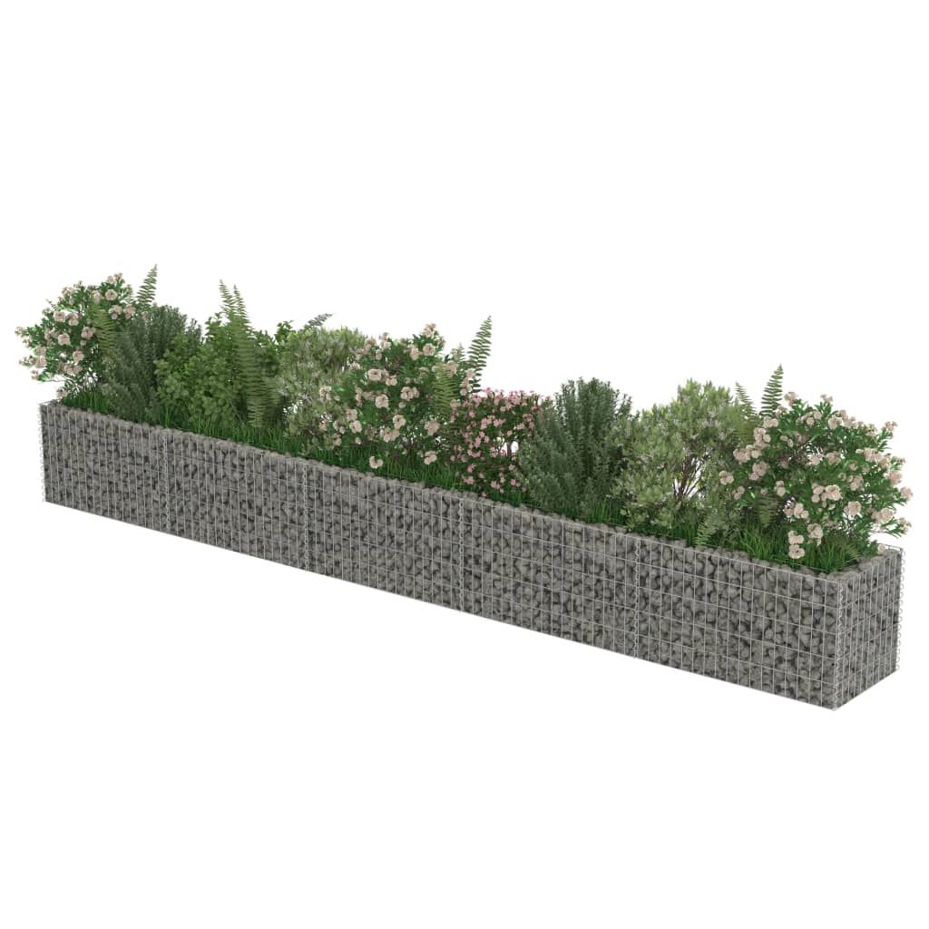 Gabion raised bed filled with greenery and flowers, perfect for outdoor furniture spaces in gardens and patios.