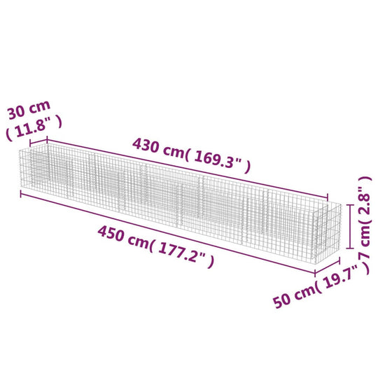 Dimensions of a gabion raised bed in galvanized steel, measuring 450x50x30 cm for outdoor garden use.