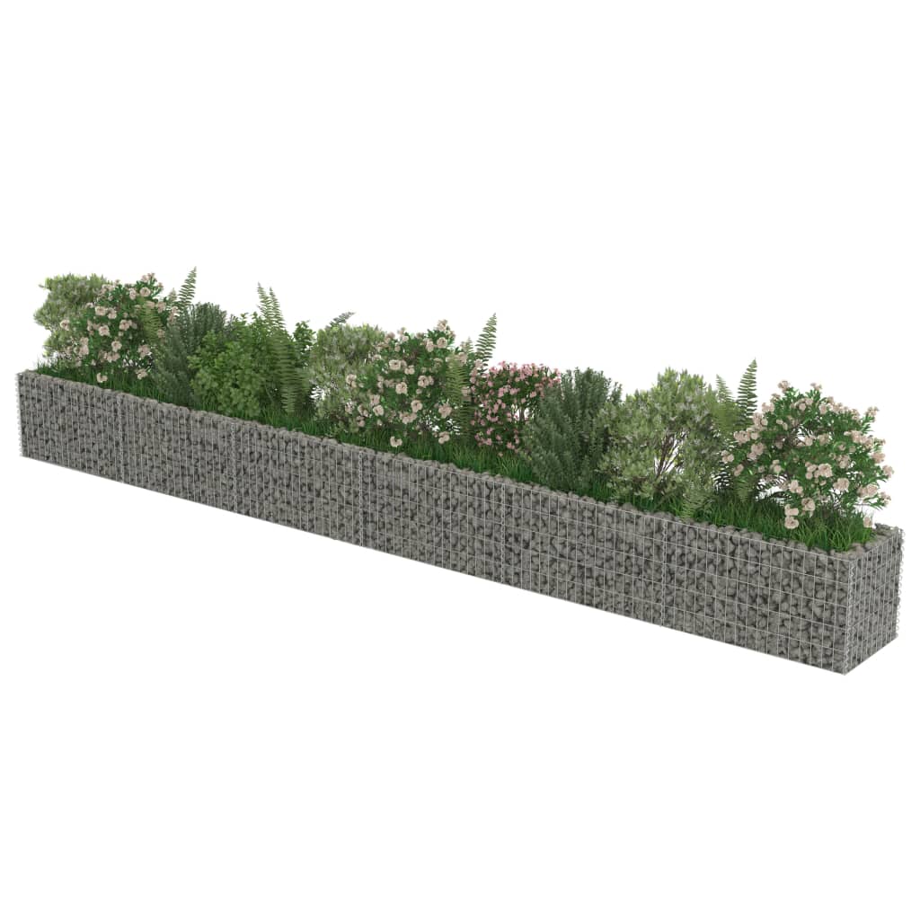 Gabion raised bed with flowers and greenery, made of galvanised steel, ideal for outdoor garden furniture or patio design.