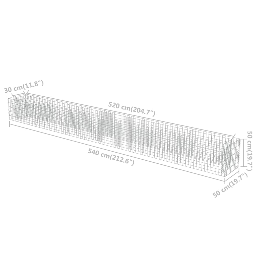 Gabion raised bed dimensions 540x50x50 cm with mesh grid, ideal for outdoor furniture and garden borders.