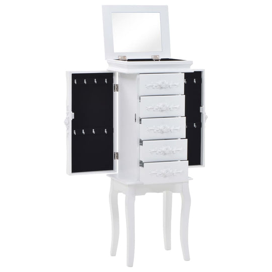 Free standing white jewelry cabinet with a mirror, five drawers, and hooks, perfect for organized storage.