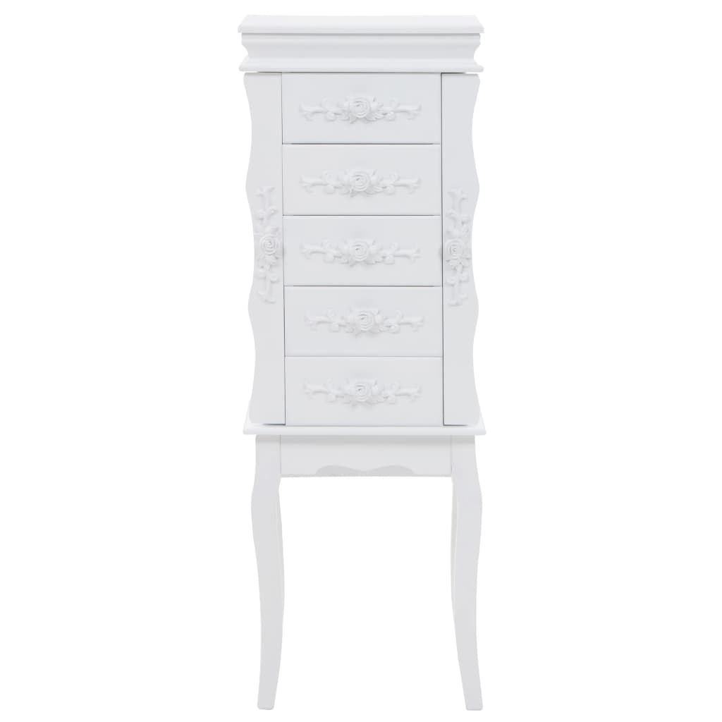 Free standing white jewelry cabinet with five drawers and ornate detailing, perfect for organizing accessories.