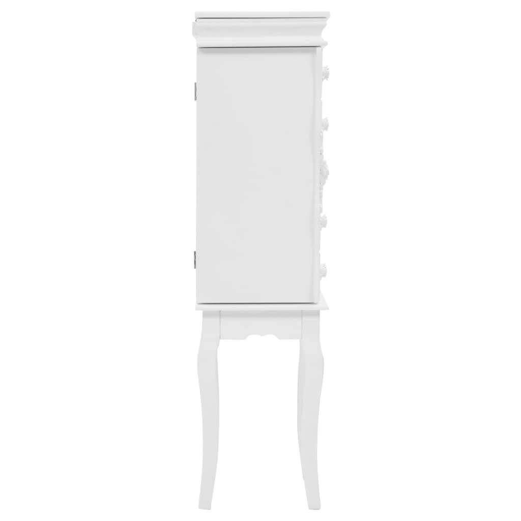 Free standing white jewelry cabinet with elegant design and sturdy pine wood legs, perfect for organizing accessories.