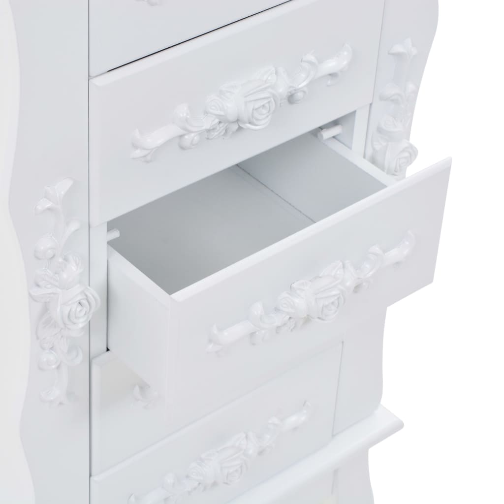 White jewelry cabinet with decorative rose handles and open drawer for organized storage of earrings and necklaces.