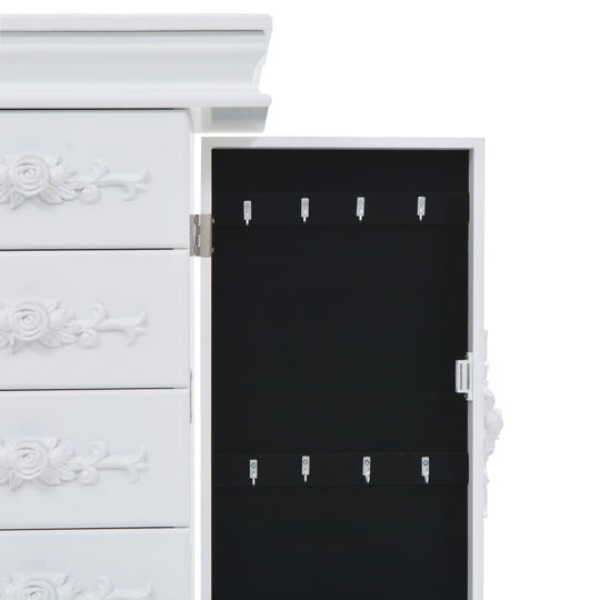 White free standing jewelry cabinet with ornate design and interior hooks for organized jewelry storage. Ideal for home decor.