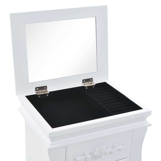 Open white jewelry cabinet showcasing black interior and mirror, perfect for organizing jewelry and accessories.