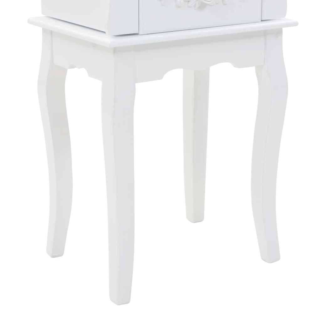 Elegant white free standing jewelry cabinet with refined legs, perfect for organizing jewelry in style.