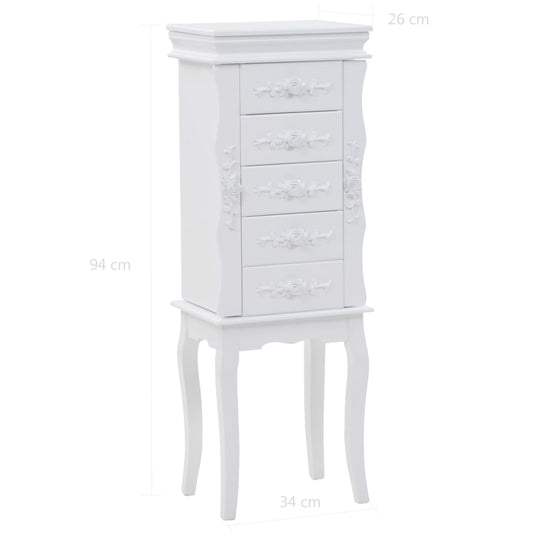 Free standing white jewelry cabinet with four drawers, elegant design, sturdy MDF and pine wood construction.