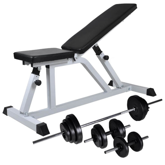 Adjustable workout bench with a barbell and dumbbell set for home fitness, featuring a comfortable black seat and sturdy frame.