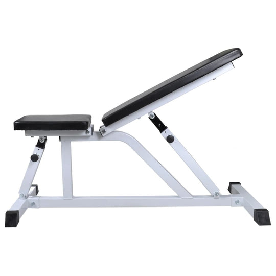 Adjustable workout bench with a black padded seat and white frame for home fitness. Ideal for barbell and dumbbell exercises.