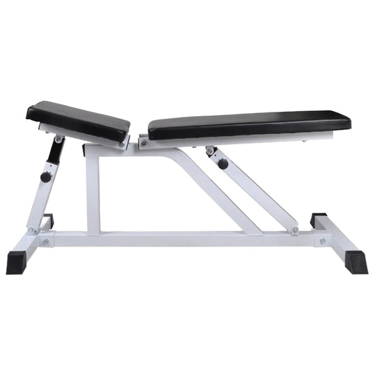 Adjustable workout bench with black padding for home fitness, suitable for barbell and dumbbell exercises.