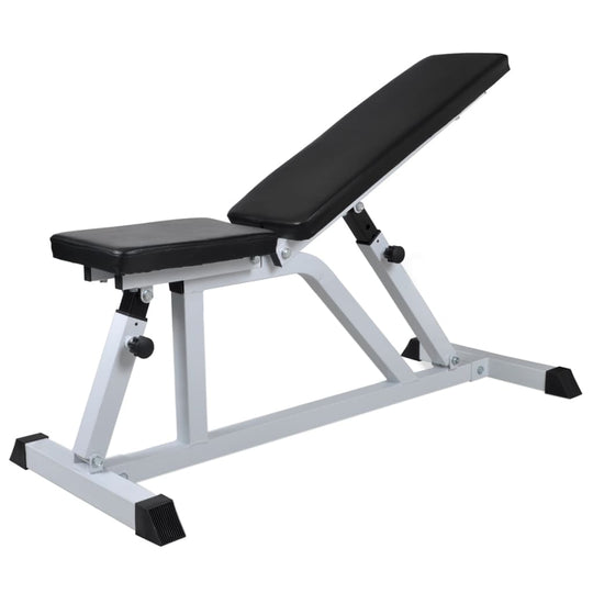 Adjustable workout bench with black padding, ideal for home gym use and versatile fitness routines.