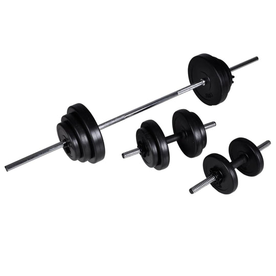 Set of black barbells and dumbbells for home workouts, including weights and adjustable bar for versatile fitness training.