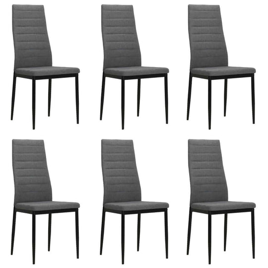 Set of 6 light grey fabric dining chairs with contemporary design and sturdy steel frames for outdoor and home spaces.