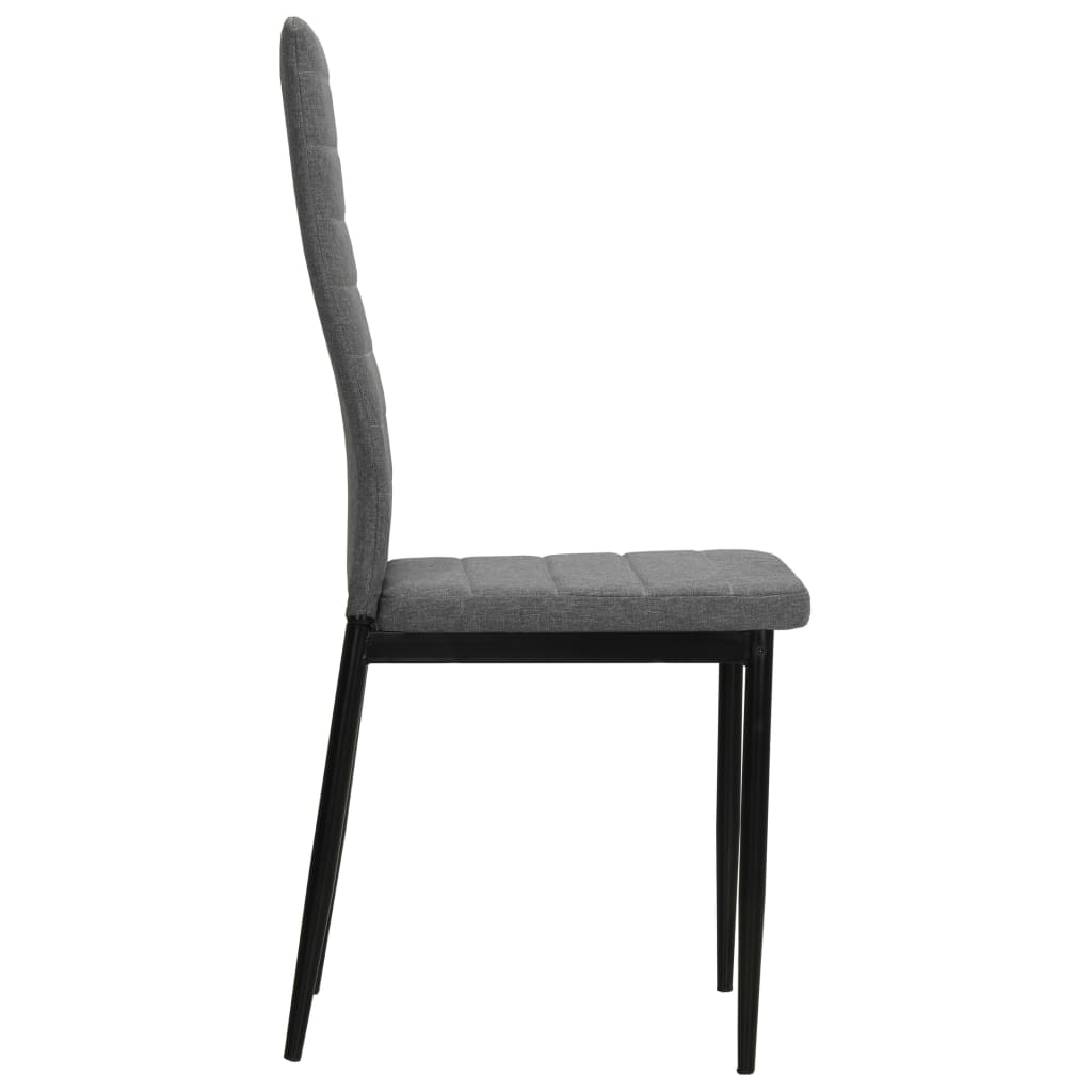 Light grey fabric dining chair with a sleek design and sturdy black steel legs, ideal for outdoor patio furniture or garden settings.