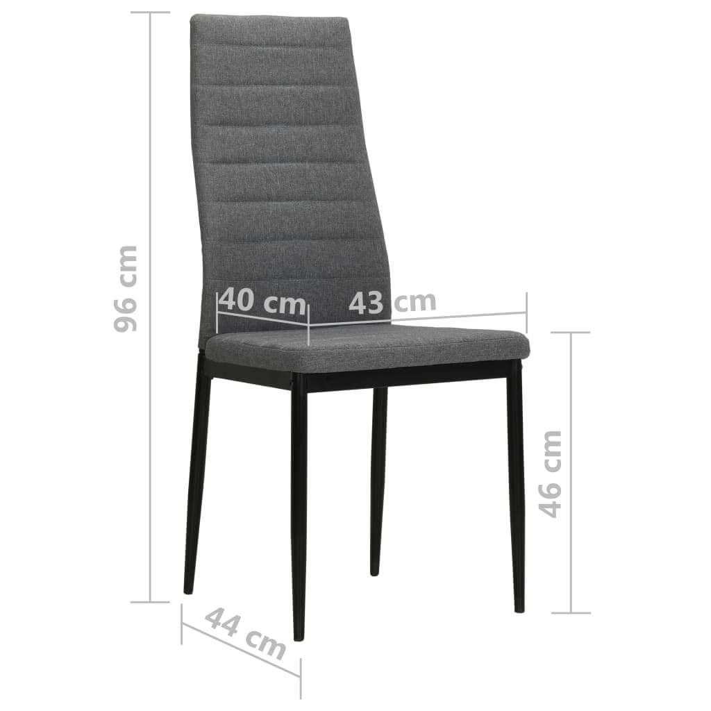 Light grey fabric dining chair with high back and measurements for home and outdoor furniture setup.