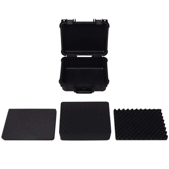 Black protective equipment case open with foam inserts for camera gear and valuables, showcasing durability and lightweight design.