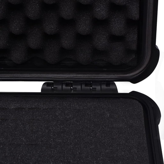 Interior view of a protective black equipment case with foam padding, designed for impact resistance and secure storage.