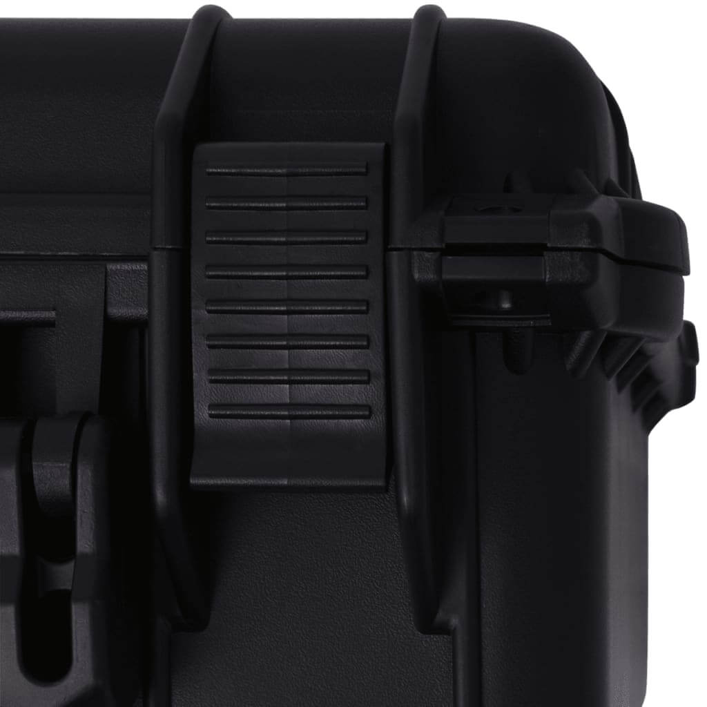 Close-up of the locking mechanism on a black protective equipment case, showcasing durability and secure storage.