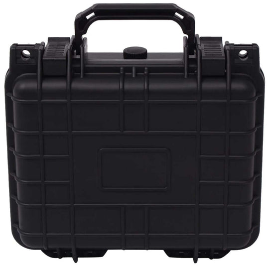 Protective black equipment case front view, lightweight and durable, ideal for camera and accessories storage.