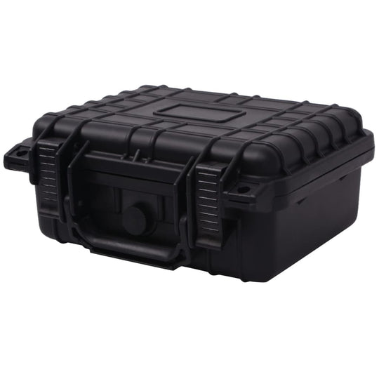 Black protective equipment case measuring 27x24.6x12.4 cm, sturdy and durable for travel and equipment protection.