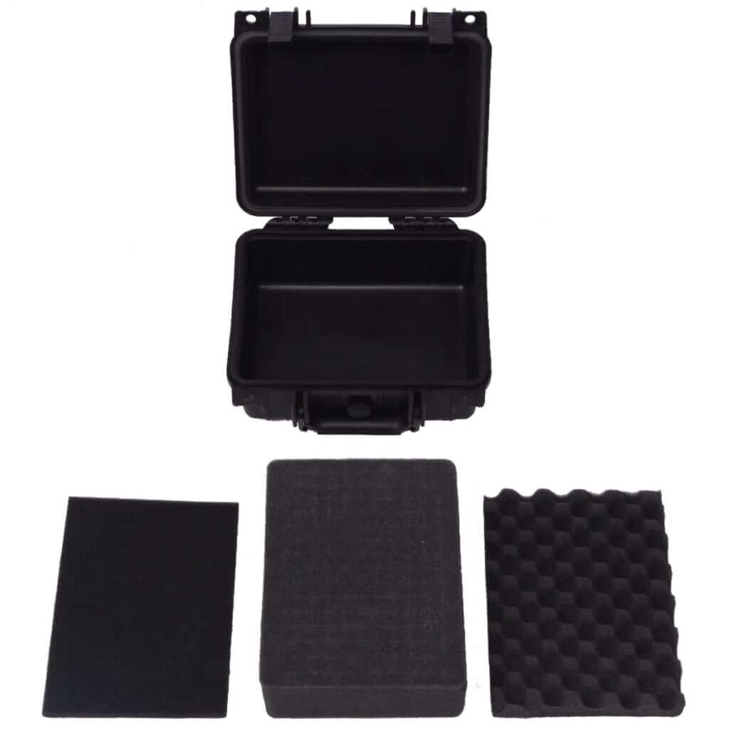 Protective black equipment case with foam inserts, ideal for traveling with cameras and accessories, lightweight and durable design.