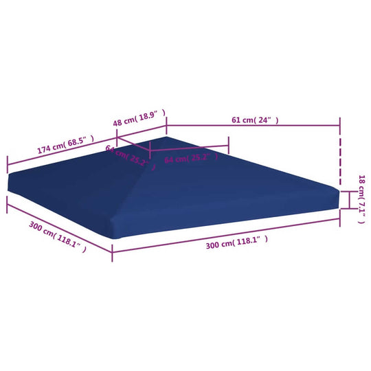 Gazebo top cover dimensions in blue 3x3 m, showcasing size measurements for outdoor furniture protection.