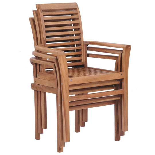 Stacking dining chairs made of solid teak, designed for outdoor living spaces and home patios, showcasing a slatted elegant design.