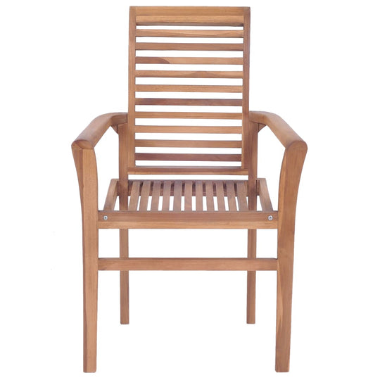 Solid teak stacking dining chair with slatted design, perfect for outdoor patio and garden furniture.