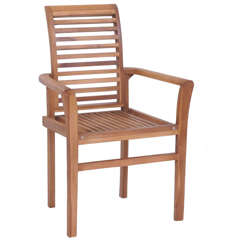 Stacking dining chair in solid teak, featuring slatted design, perfect for outdoor patio and garden furniture sets.