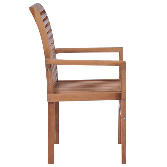 Side view of a solid teak stacking dining chair, perfect for outdoor living spaces and patio furniture.