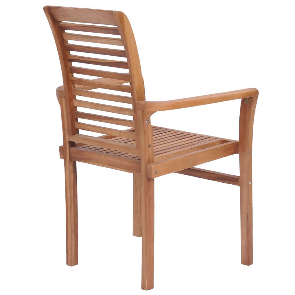 Solid teak stacking dining chair with slatted design, perfect for outdoor and patio furniture settings.