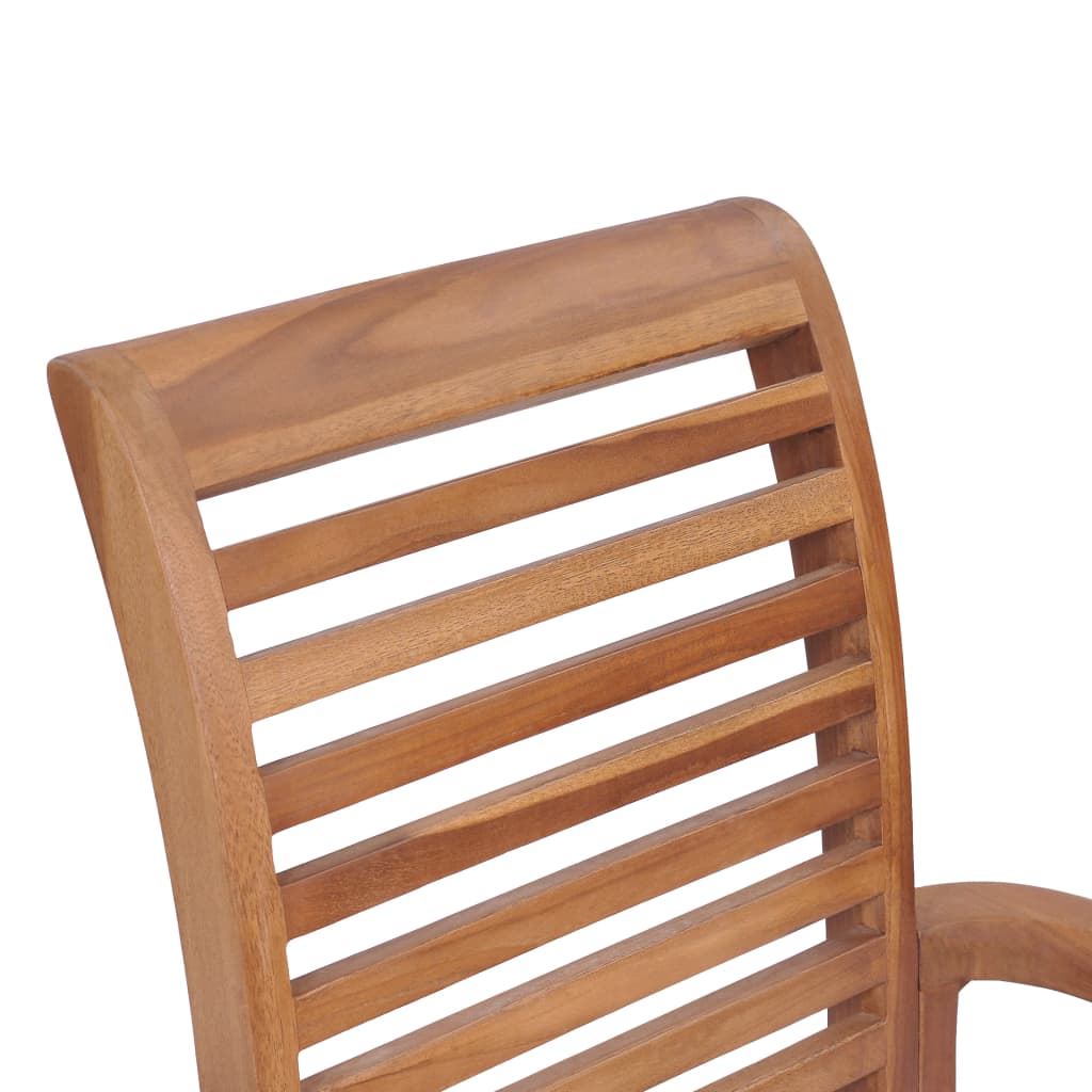 Close-up of slatted wooden backrest of a solid teak stacking dining chair, showcasing elegant design for outdoor furniture.