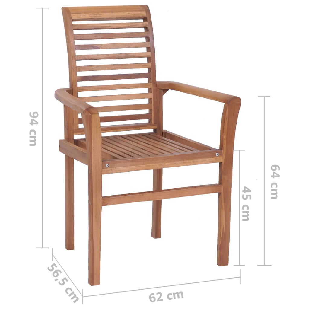 Stacking dining chair made of solid teak with slatted design, perfect for outdoor furniture and garden settings.