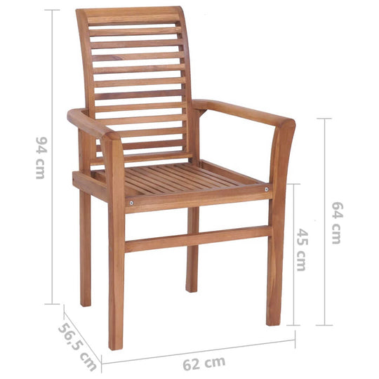 Stacking dining chair made of solid teak with slatted design, perfect for outdoor furniture and garden settings.