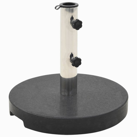 Solid granite 20 kg round black parasol base with a sturdy pole and locking bolts for outdoor furniture stability.
