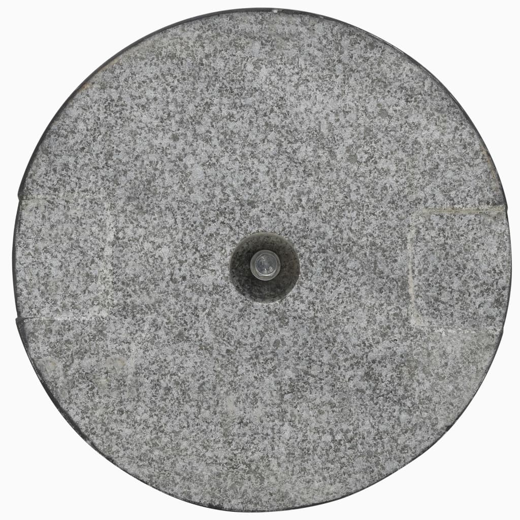 Round granite parasol base weighing 20 kg, designed for outdoor furniture stability in windy conditions.