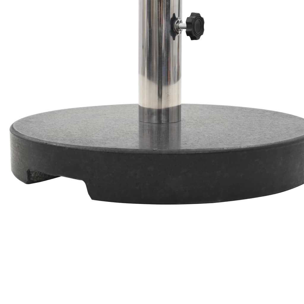 Round black granite parasol base with sturdy pole holder, ideal for outdoor furniture and umbrellas.