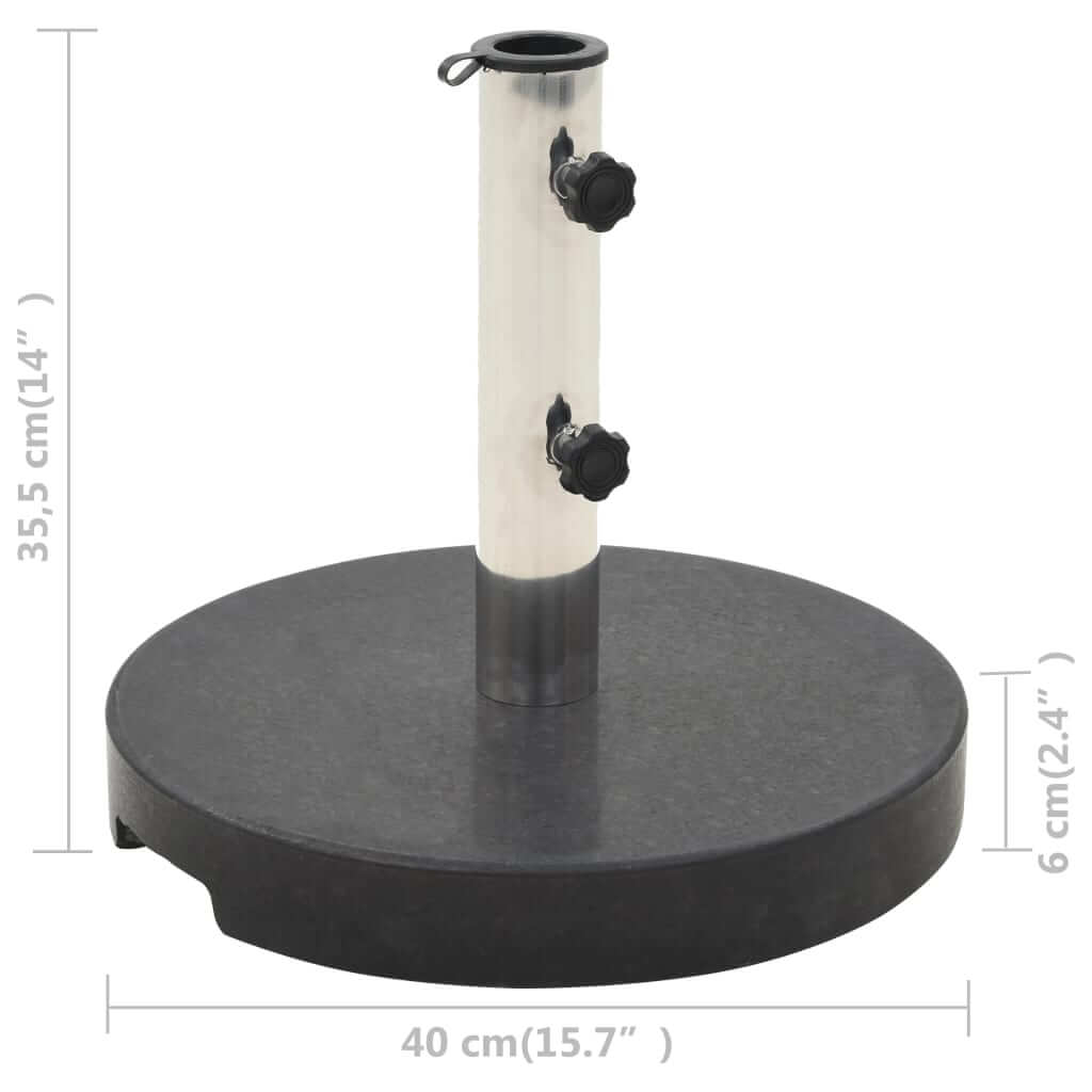 Round black granite parasol base, 20 kg with two locking bolts, ideal for outdoor furniture and tents.