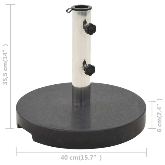 Round black granite parasol base, 20 kg with two locking bolts, ideal for outdoor furniture and tents.