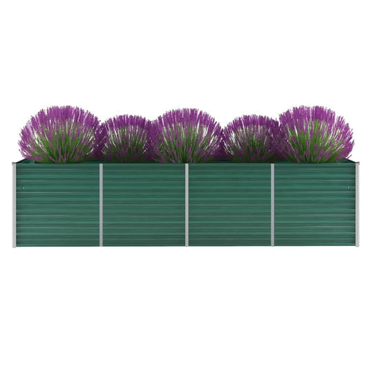 Galvanised steel garden raised bed with purple flowers, 320x80x77 cm, ideal for outdoor planting and decoration.