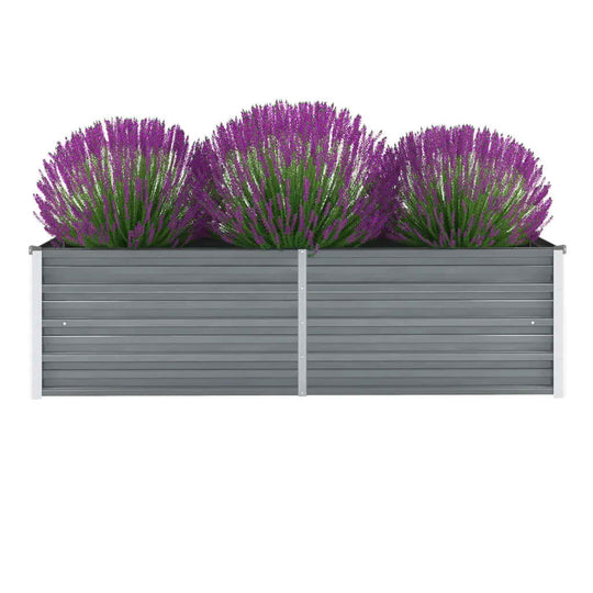 Grey galvanised steel garden raised bed with vibrant purple lavender plants for outdoor decoration and gardening.