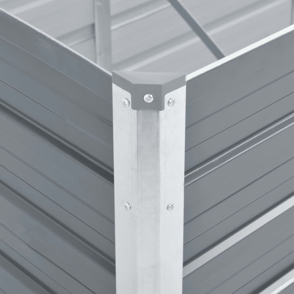 Close-up of galvanised steel corner joint in a grey garden raised bed, showcasing durability and stability for outdoor furniture.