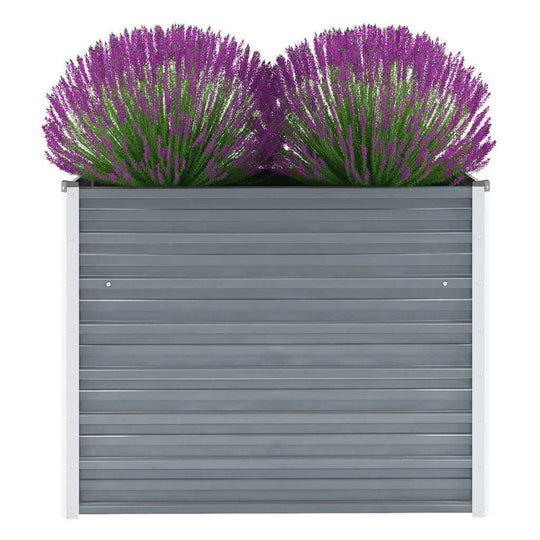 Galvanised steel garden raised bed with purple lavender, perfect for outdoor furniture and DIY enthusiasts.