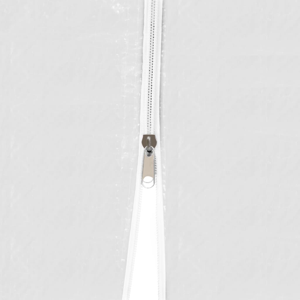 Close-up of the zipper detail on a white outdoor party tent, showcasing its durable and practical design.