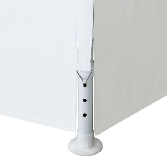 Corner detail of the white party tent showing the stable rust-resistant steel pole and secure attachment for outdoor use.