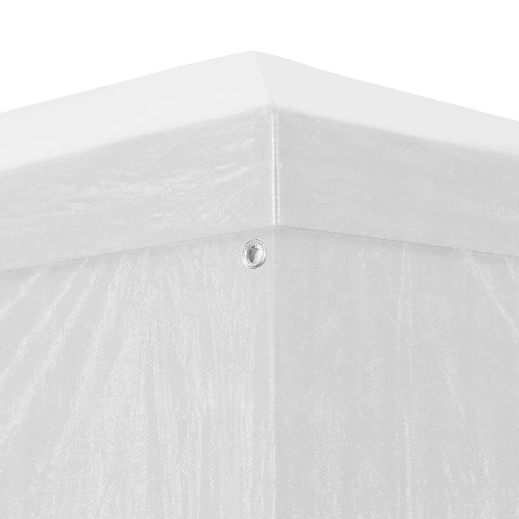 Close-up of a corner of a white party tent showcasing the durable material and rust-resistant grommet for stability.