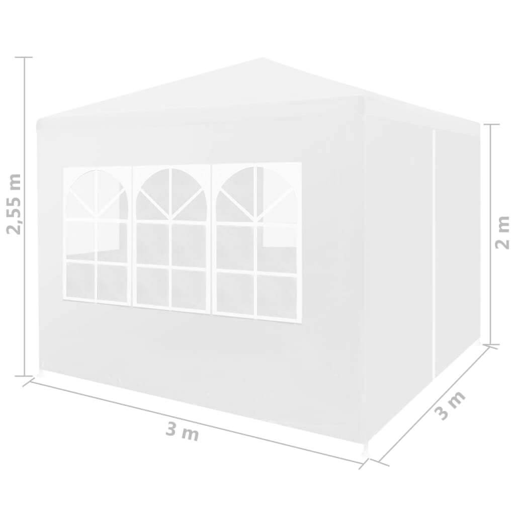 Party tent 3x3 m in white, featuring arched windows, ideal for outdoor gatherings and events.