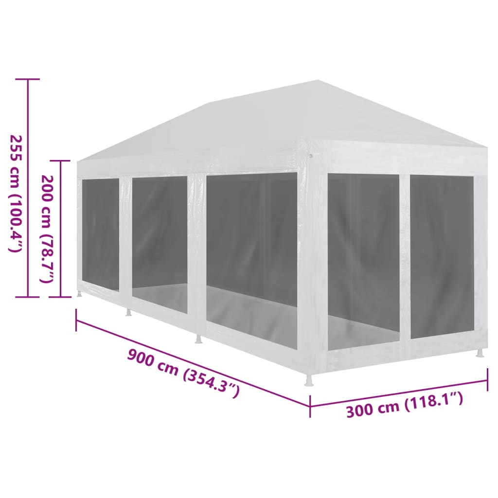 Party tent dimensions 9x3 m with 8 mesh sidewalls, perfect for outdoor events and insect protection. Durable design for celebrations.